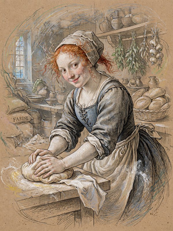 Smiling red-haired female baker kneading dough in a cozy rustic historical kitchen