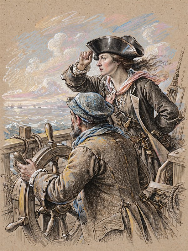 Female pirate captain and helmsman scan the horizon while standing at the helm of a sailing ship
