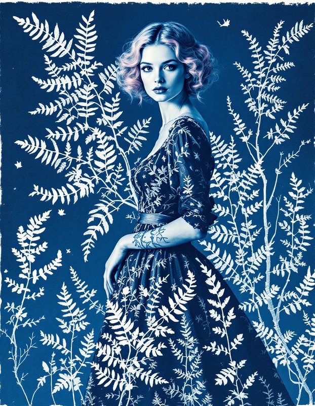 Elegant woman with wavy pink hair standing amid delicate ferns in a stylized cyanotype portrait
