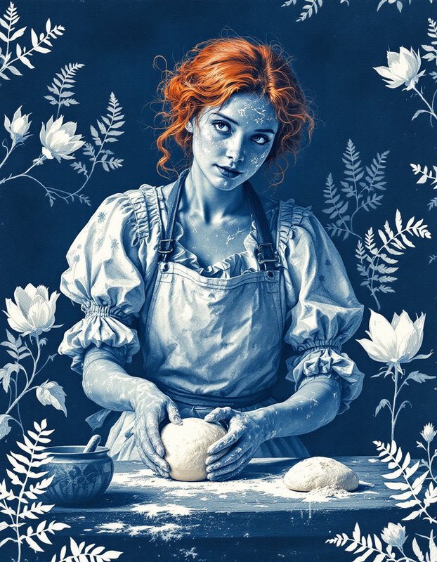 Red haired baker gently kneading bread dough against a dark blue floral illustrated background