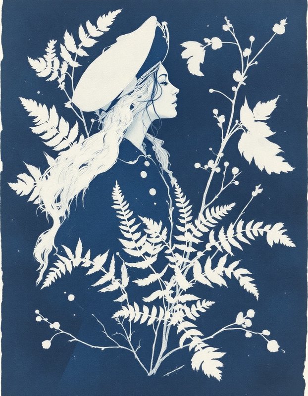 Cyanotype profile portrait of a woman in a wide hat surrounded by delicate fern and wild foliage