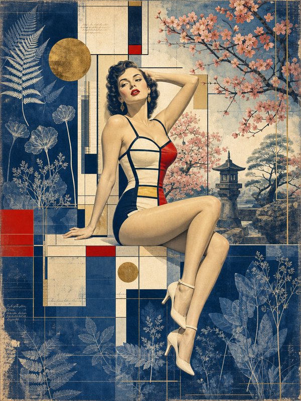 Retro 1950s pinup model in a Mondrian-style swimsuit posed against an eclectic layered collage background