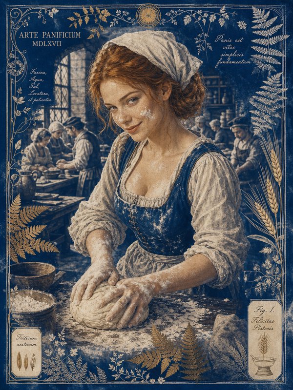 Smiling red-haired medieval female baker kneading dough in an ornate vintage framed bakery scene