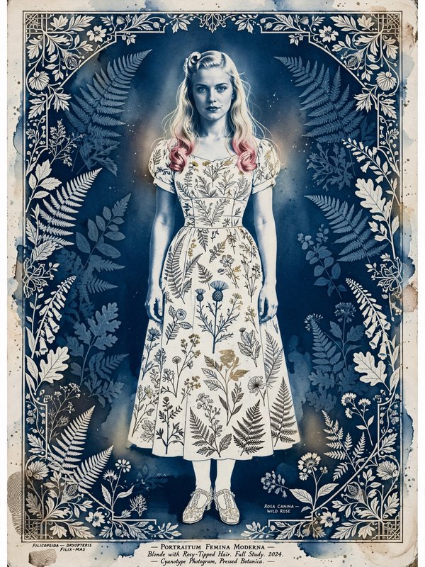Cyanotype portrait of a blonde woman with pink-tipped hair in a botanical print dress, framed by ornate fern borders