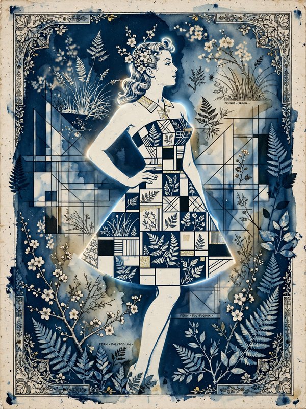 Stylized vintage illustrated woman in a botanical patchwork dress framed by ferns and cherry blossoms