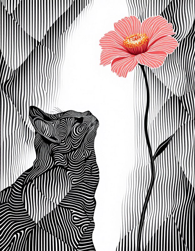 Stylized line art cat looking up at a bright pink poppy against a wavy black and white striped background