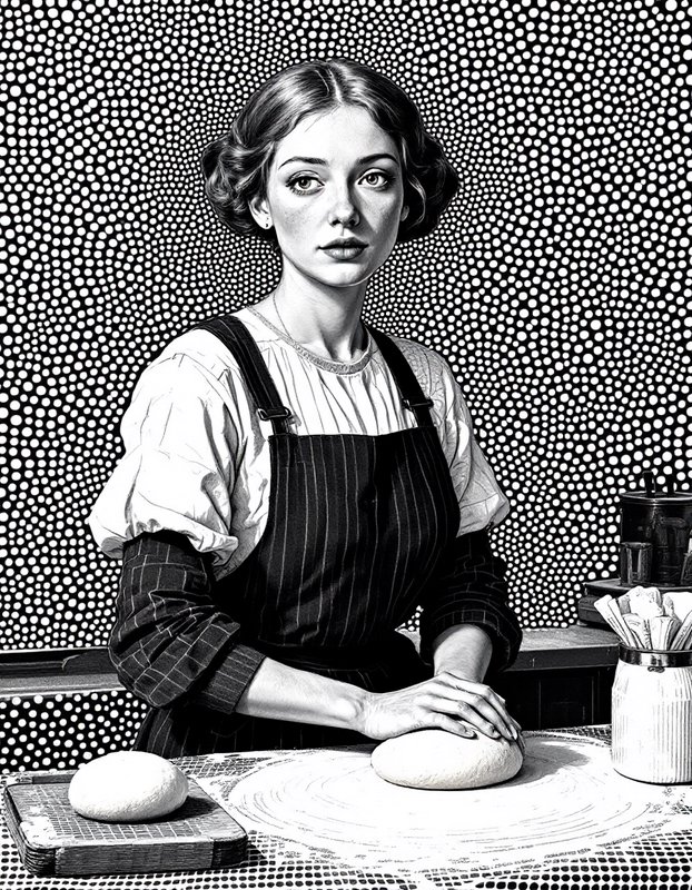 Black and white halftone portrait of a female baker resting her hands on bread dough at a work table
