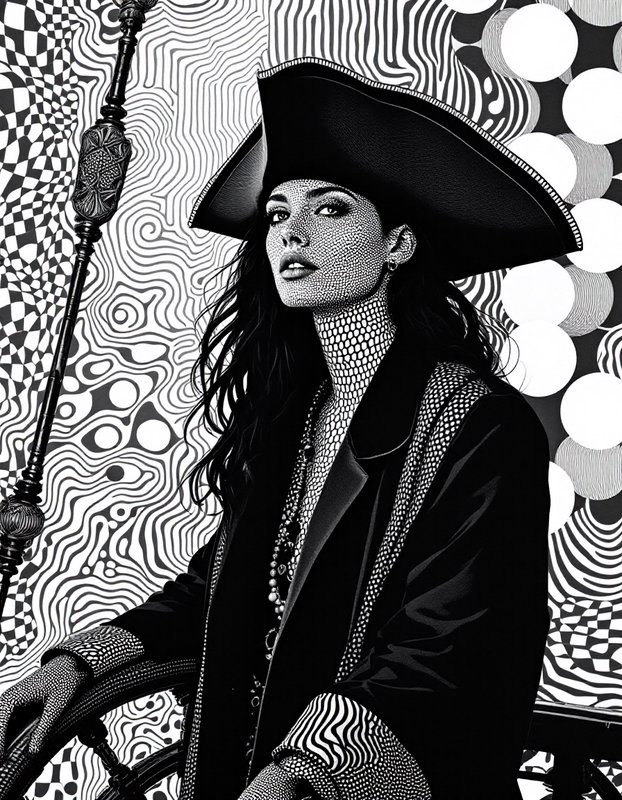 Stylized female pirate in a tricorn hat posed against abstract op-art patterned black and white background