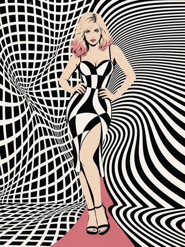 Confident blonde woman with pink-tipped hair poses in a geometric dress on a red carpet against a swirling op art background