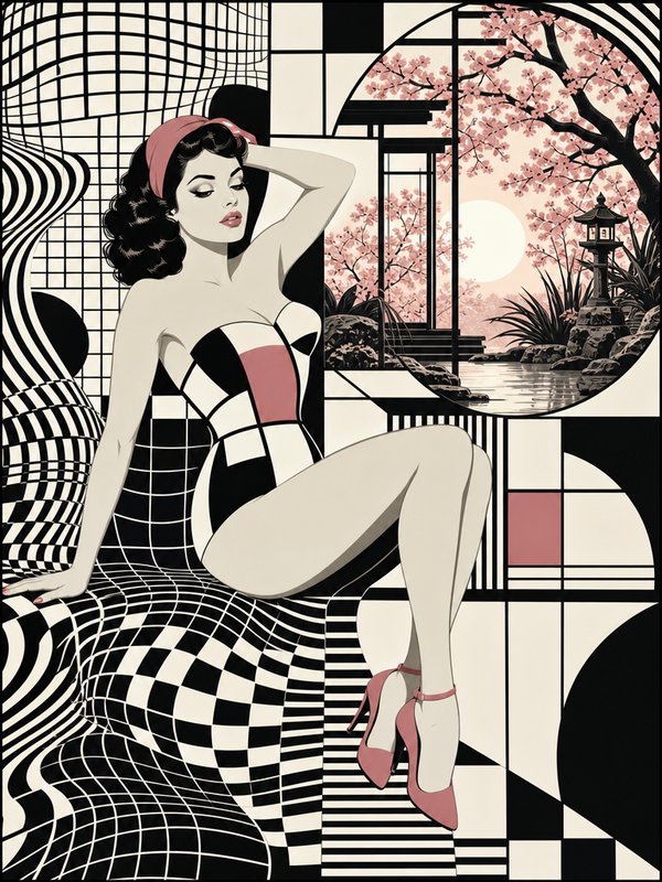 Retro pinup illustration of a woman in a checkerboard swimsuit next to a cherry blossom garden view