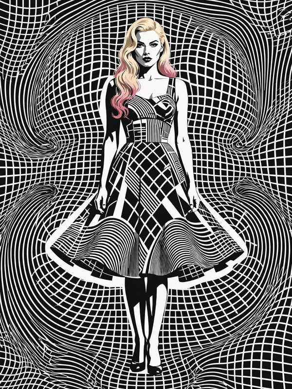 Glamorous blonde woman with pink-tipped hair stands against a swirling op-art distorted grid background