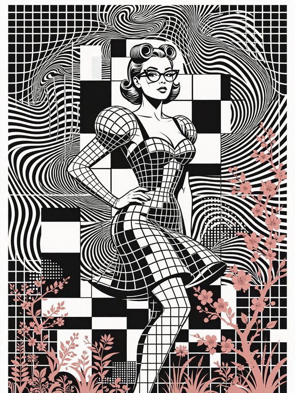 Stylized retro pinup woman in grid dress stands against op art background with soft pink floral accents