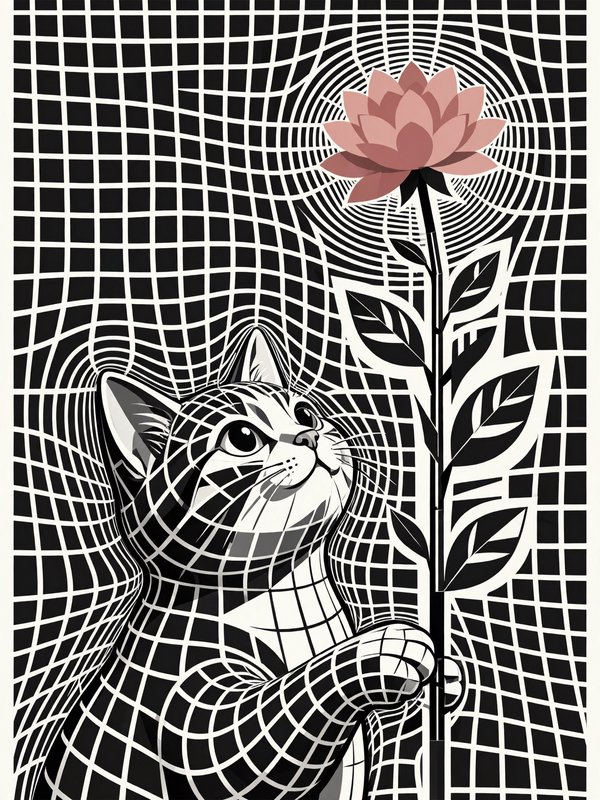 Warped grid op art cat gazes upward at a pink lotus flower it holds by the stem