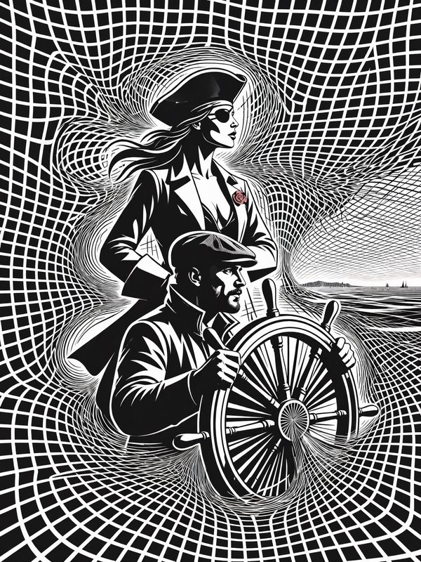 Bold black and white illustration of a ship helmsman and female pirate against a swirling op-art grid background