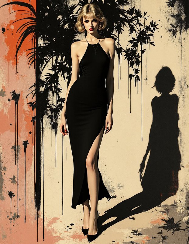 Elegant blonde model in a sleek black halter gown stands against a stylized artistic tropical backdrop