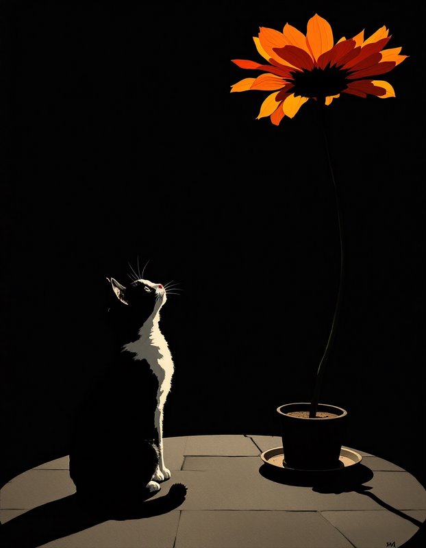 Silhouetted tuxedo cat sitting on a round tiled table looking up at a large potted orange flower