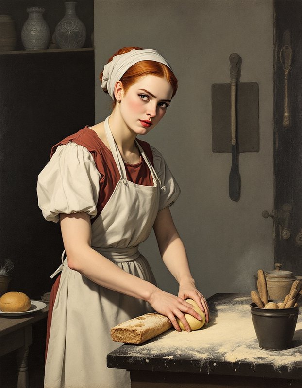 Young red-haired female baker kneading bread dough at a floured vintage kitchen worktable