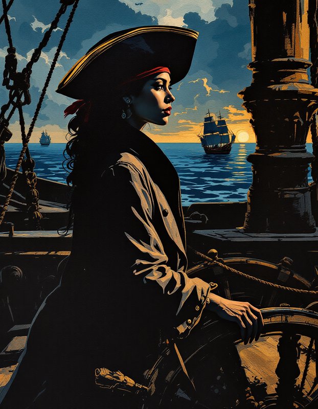 Female pirate captain stands at a ship's wheel on deck, looking out over the ocean at sunset
