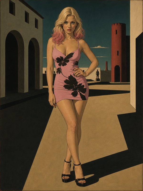 Blonde woman with pink gradient hair poses in a pink mini dress in a surrealist architectural plaza