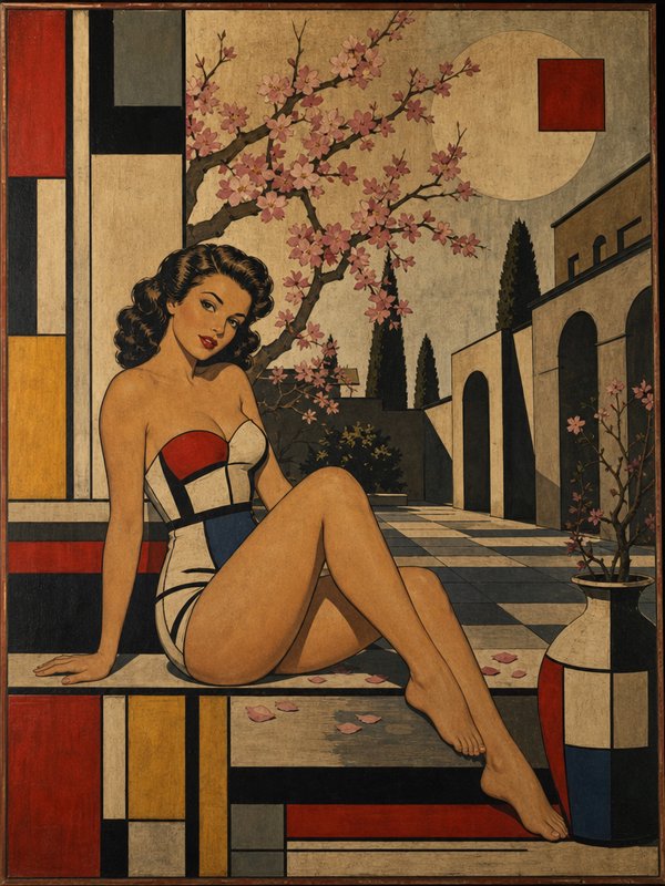 Retro pinup woman in a geometric swimsuit sits in a surreal cubist courtyard with cherry blossoms