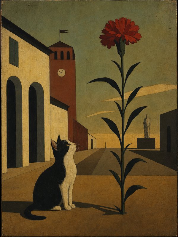 Surreal painting of a tuxedo cat gazing up at an oversized red carnation in a quiet European town square