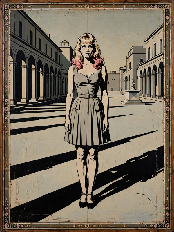 Framed vintage pop art of a blonde woman with pink hair tips standing in a classical stone courtyard