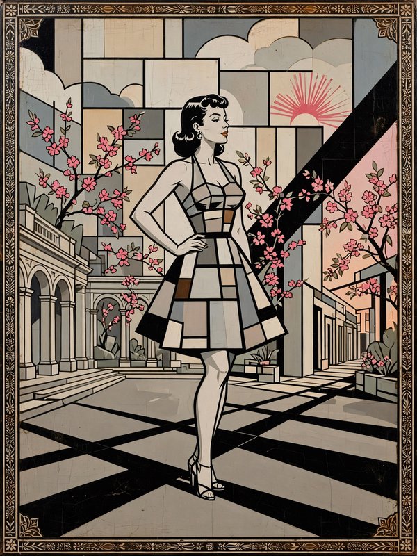 Retro 1950s style woman in a geometric dress standing in an art deco plaza with pink cherry blossoms