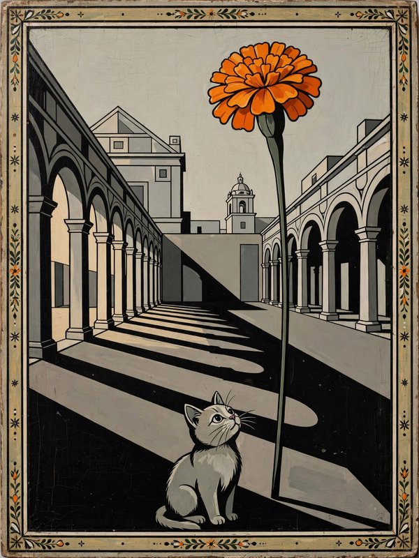 A small gray kitten looks up at a towering orange marigold in a sunlit arcaded courtyard