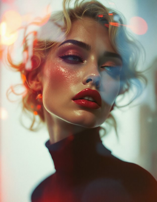 Close-up editorial portrait of a blonde woman with bold red lipstick, dewy skin, and dreamy bokeh light overlays