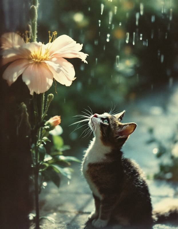 Tiny tabby kitten sits looking up at a large pale pink hibiscus flower during soft garden rain
