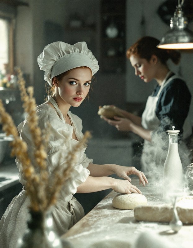 Female baker in a vintage linen toque shapes bread dough in a cozy old-world bakery kitchen with a coworker working nearby