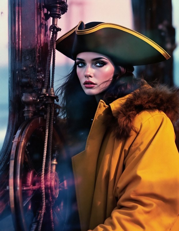 Female pirate captain in a tricorn hat stands beside vintage ship rigging on a sailing vessel