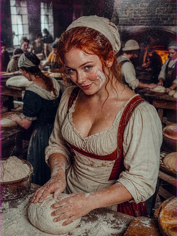 Flour-dusted red haired woman kneads bread dough in a busy historical bakery workshop