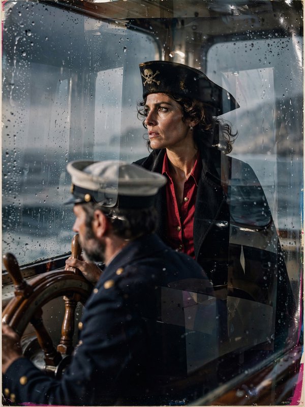 Female pirate captain stands beside a helmsman steering a ship through rainy stormy waters