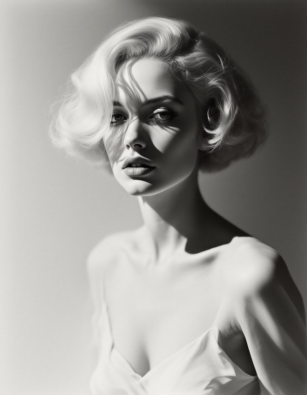 Dramatic black and white studio portrait of a blonde woman with vintage curled bob hairstyle