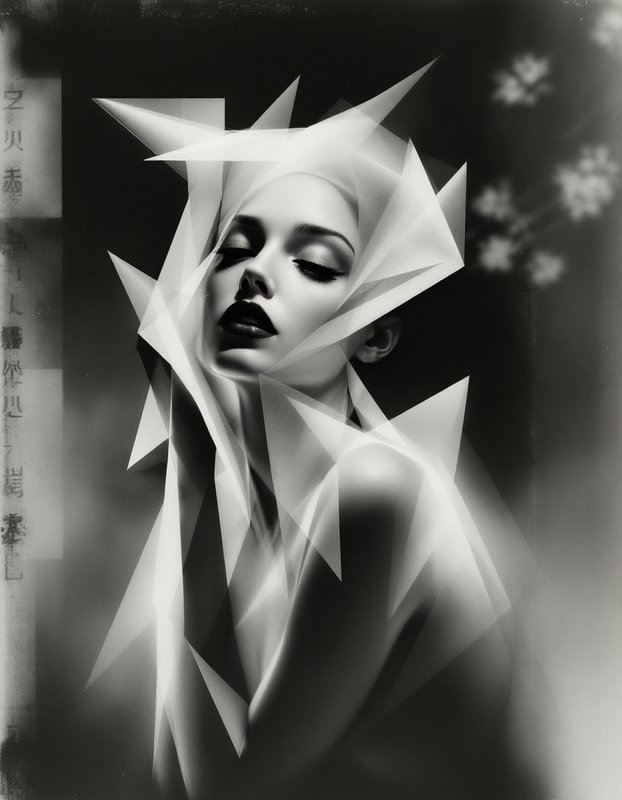 Black and white artistic portrait of a woman framed by translucent angular crystalline forms