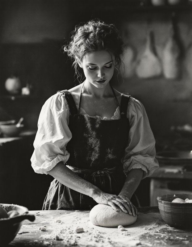 Woman kneading bread dough on a floured wooden table in a sunlit rustic kitchen
