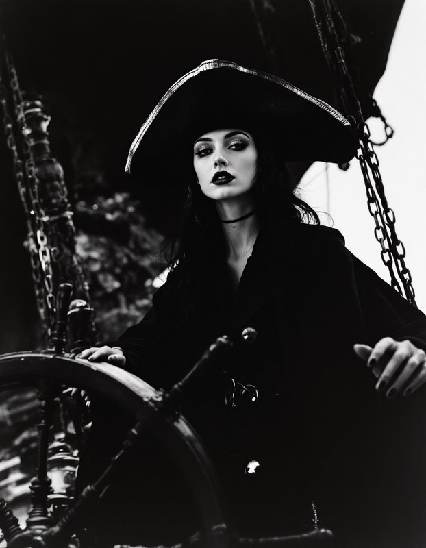 Gothic female pirate standing at a tall ship helm wearing a tricorn hat and dark coat