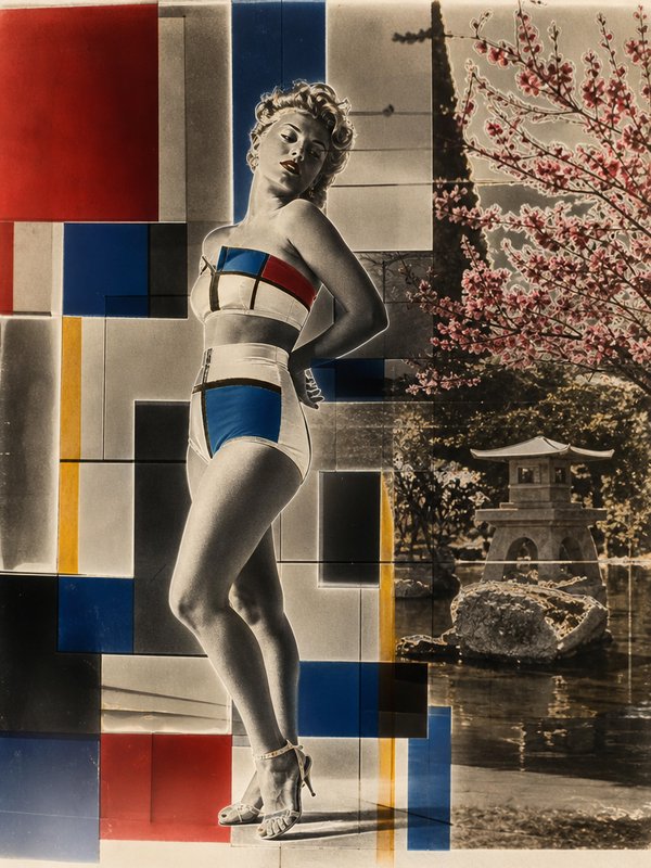 Surreal collage of a retro pinup model in a Mondrian-style swimsuit overlapping geometric art and a Japanese garden