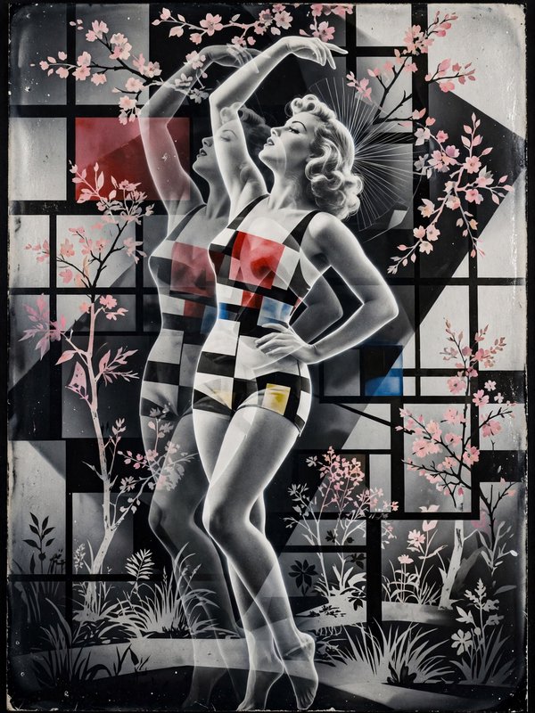 Surreal double exposure of overlapping retro pinup figures with cherry blossoms against a geometric grid background