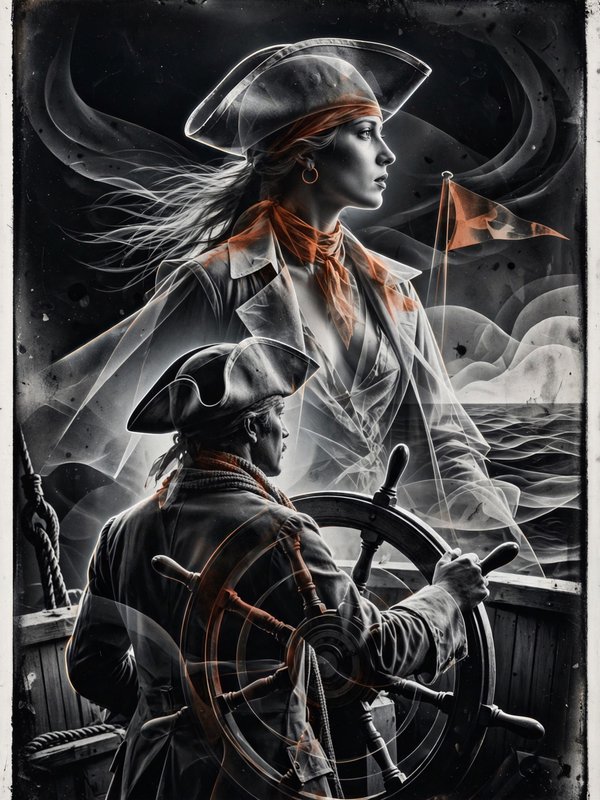 Translucent female pirate ghost stands watch as a male captain steers a ship wheel on a stormy vessel