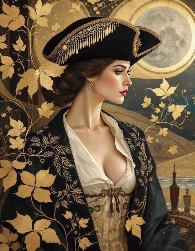Elegant historical woman in an ornate gilded tricorn hat posed against a moonlit decorative gilded backdrop