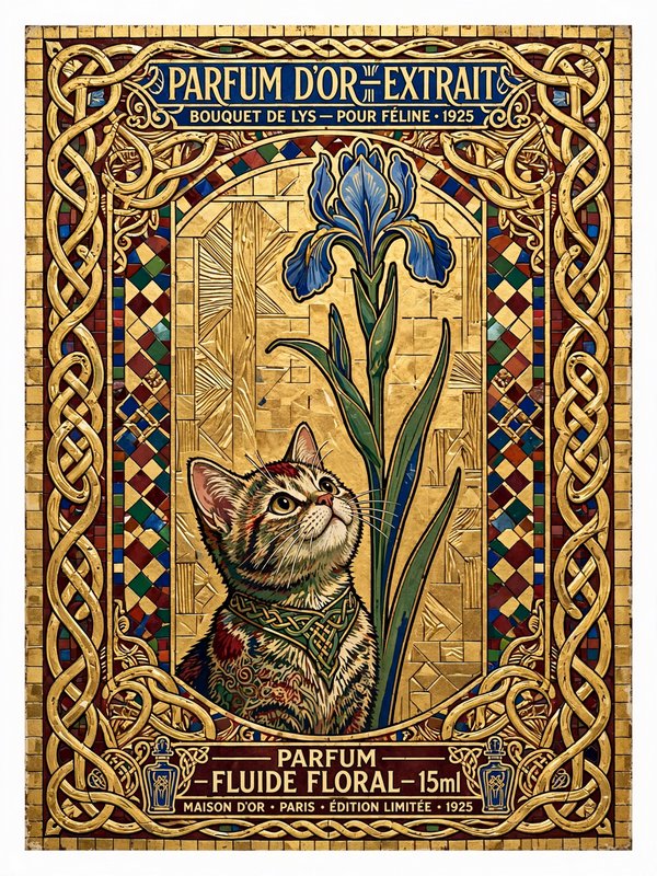 Ornate vintage 1925 French perfume label art featuring a tabby cat gazing up at a blue iris flower