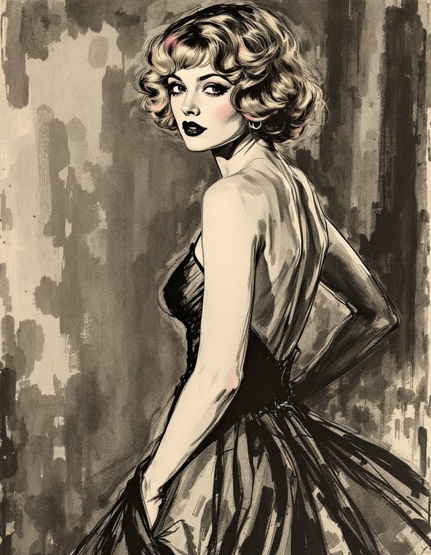 Retro ink portrait of a glamorous vintage woman with curled hair looking over her shoulder
