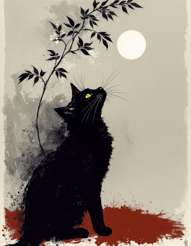 Fluffy black cat with glowing yellow eyes gazes up at a full moon beside a leafy branch