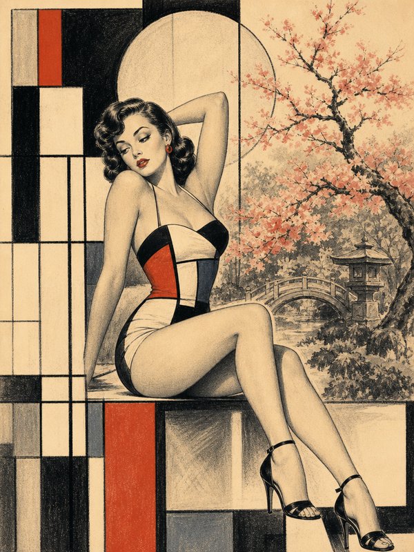 Mid-century pinup woman in a geometric color-block swimsuit posed beside a Japanese cherry blossom garden scene