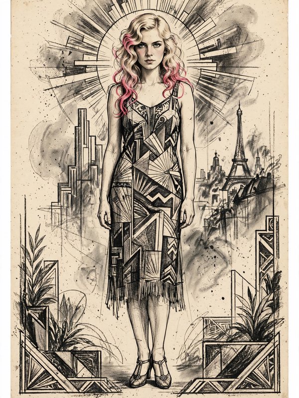Art deco sketch of a flapper woman with pink-streaked blonde hair standing before a stylized Paris cityscape