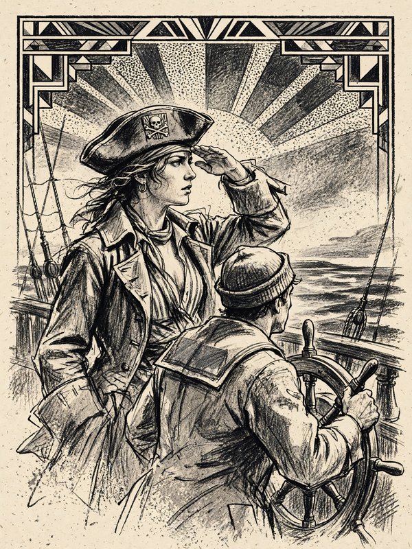 Female pirate captain scans the horizon beside a helmsman steering a sailing ship at sea