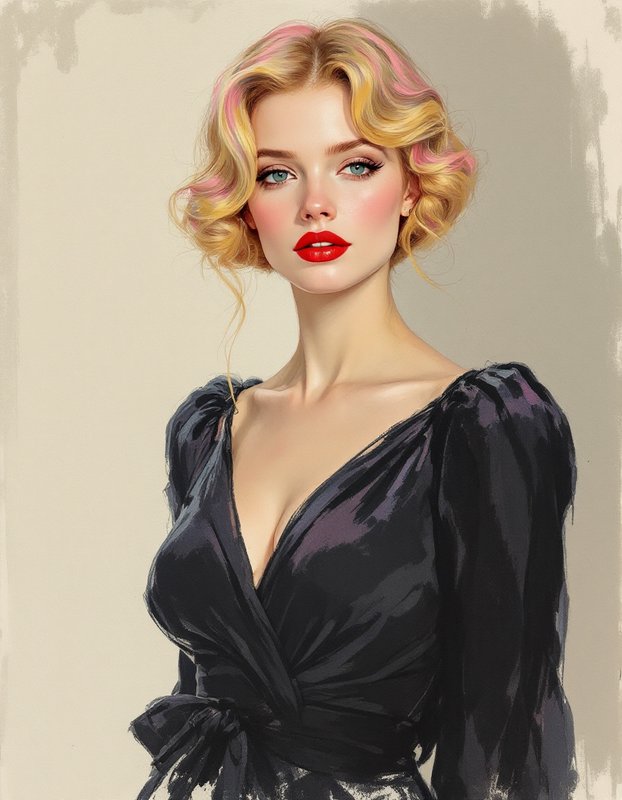 Painterly portrait of a glamorous woman with pink-streaked blonde hair in a black evening gown