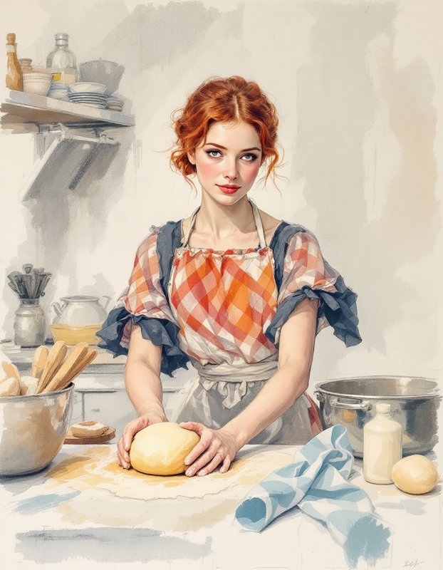 Young red haired baker shaping fresh bread dough at a cozy kitchen counter in a soft watercolor illustration